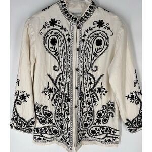 Coldwater Creek Womens 100% Silk Embroidered Jacket Sz M Unique Boho Luxe Artsy